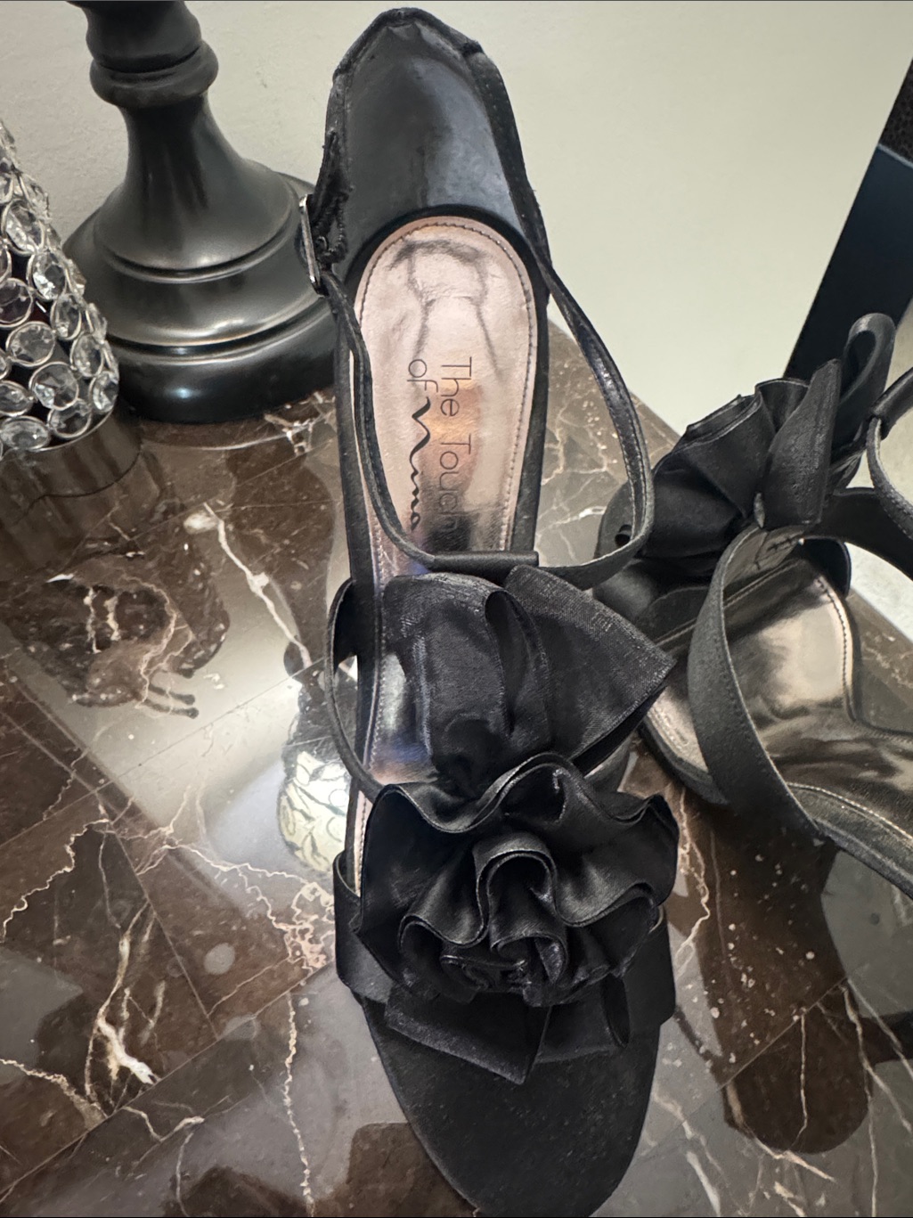 Touch Of Nina Black Satin Floral Ruffle Open-Toe Heels